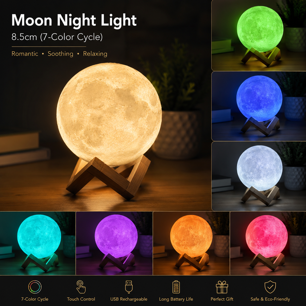 D5 Starry Moon Lamp 8Cm - LED Night Light with Stand, Perfect for Bedroom Decor and Gifts