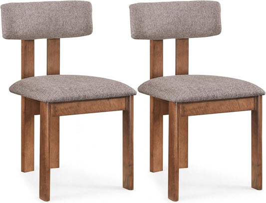Dining Chairs Set of 2, Upholstered Kitchen Chairs with Curved Backrest, Rubber Wood Dining Room Chairs, Modern Mid Century Accent Side Chairs for Living Room, Walnut & Grey