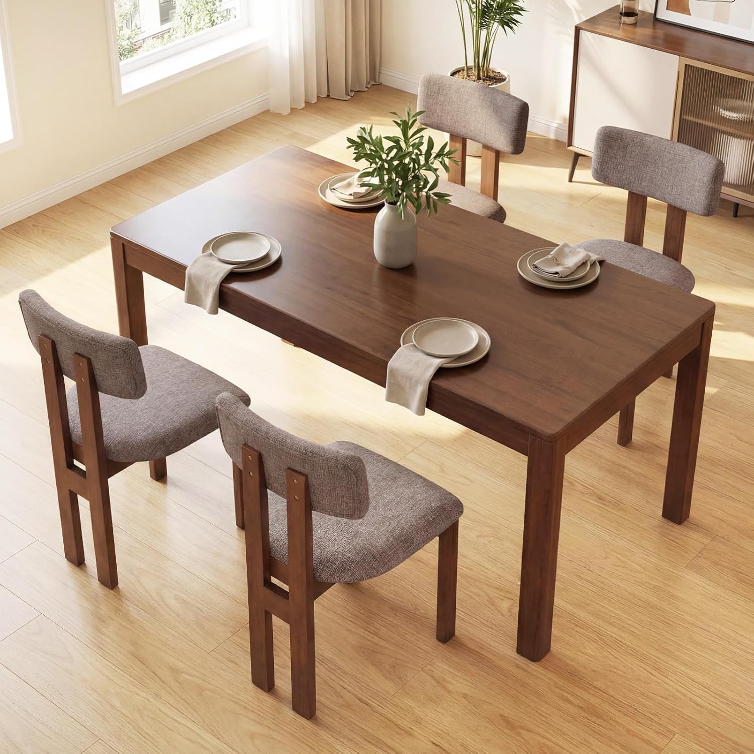 Dining Chairs Set of 2, Upholstered Kitchen Chairs with Curved Backrest, Rubber Wood Dining Room Chairs, Modern Mid Century Accent Side Chairs for Living Room, Walnut & Grey