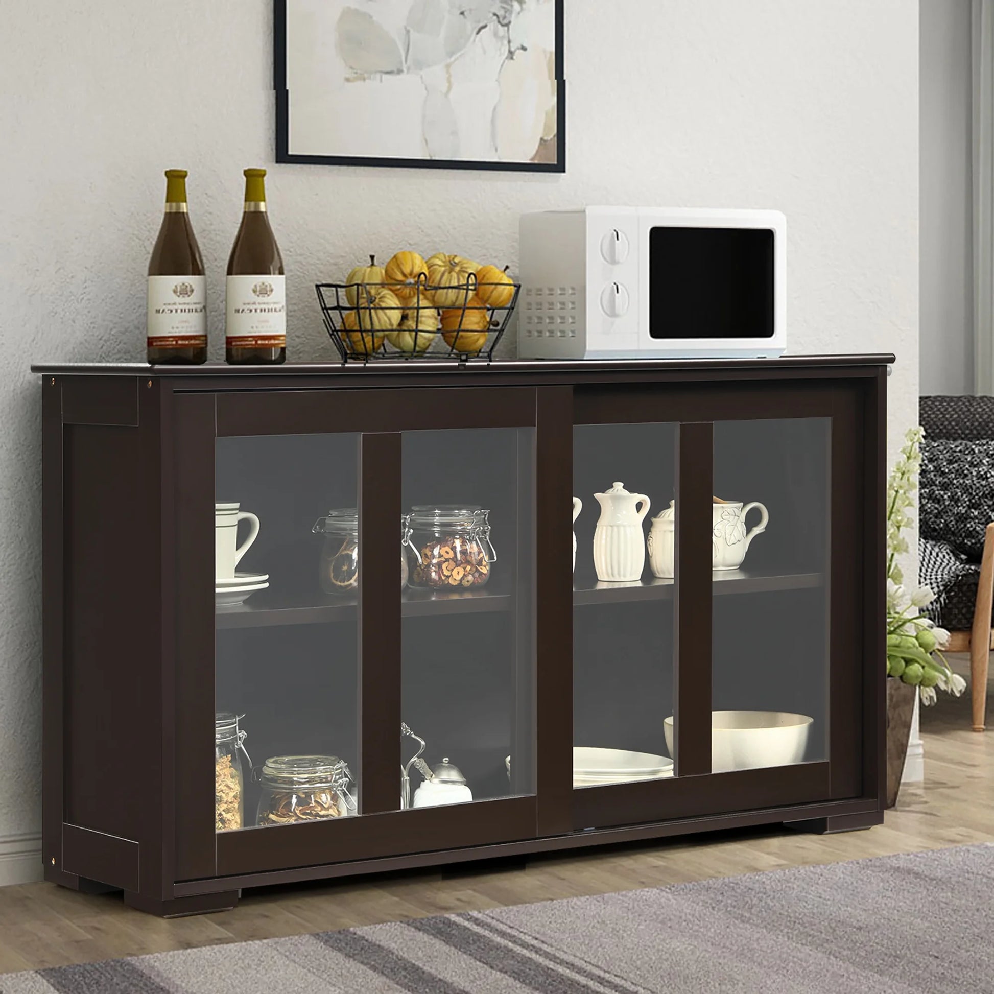 Kitchen Storage Cabinet Sideboard Buffet Cupboard W/ Sliding Door Brown