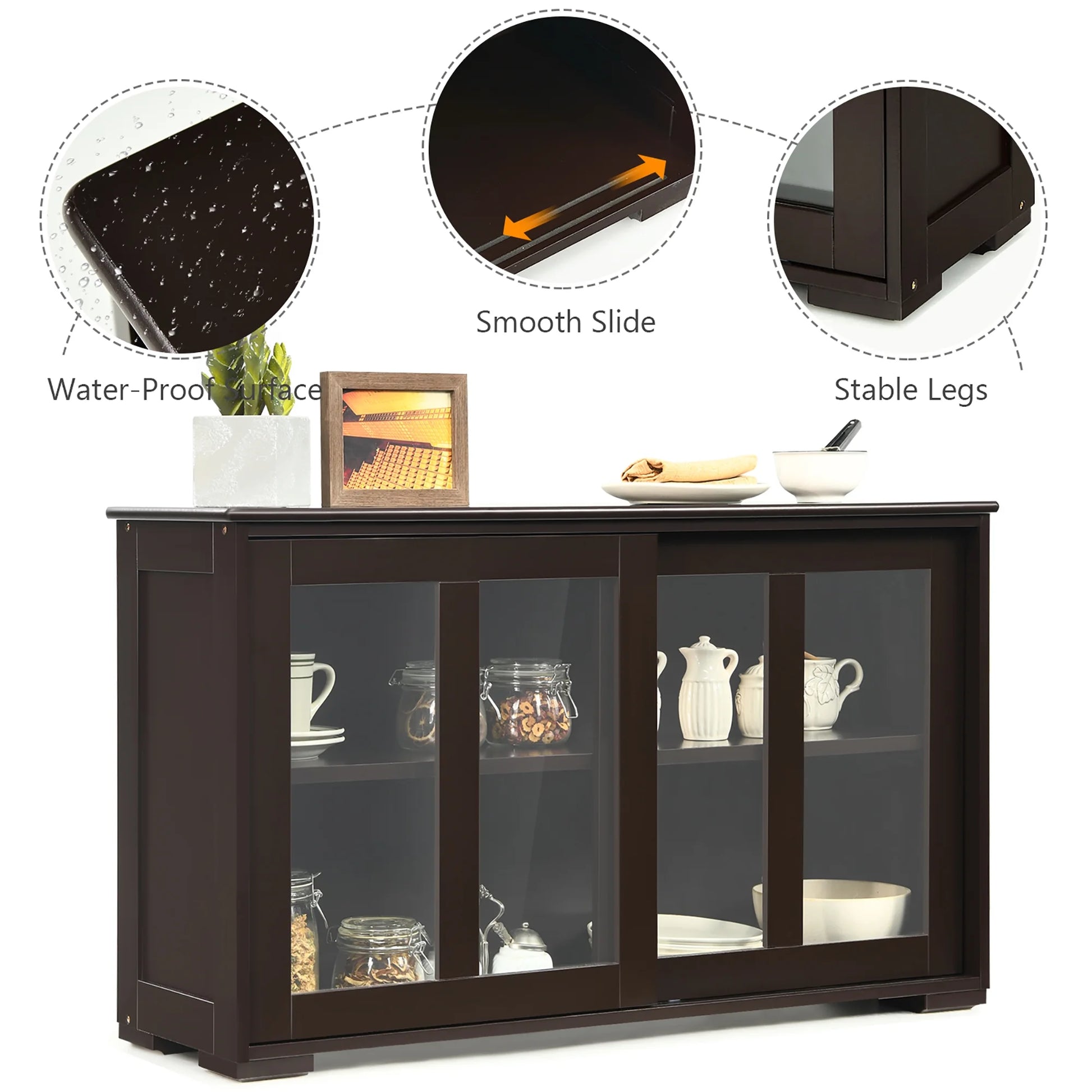 Kitchen Storage Cabinet Sideboard Buffet Cupboard W/ Sliding Door Brown