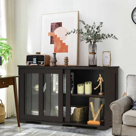 Kitchen Storage Cabinet Sideboard Buffet Cupboard W/ Sliding Door Brown