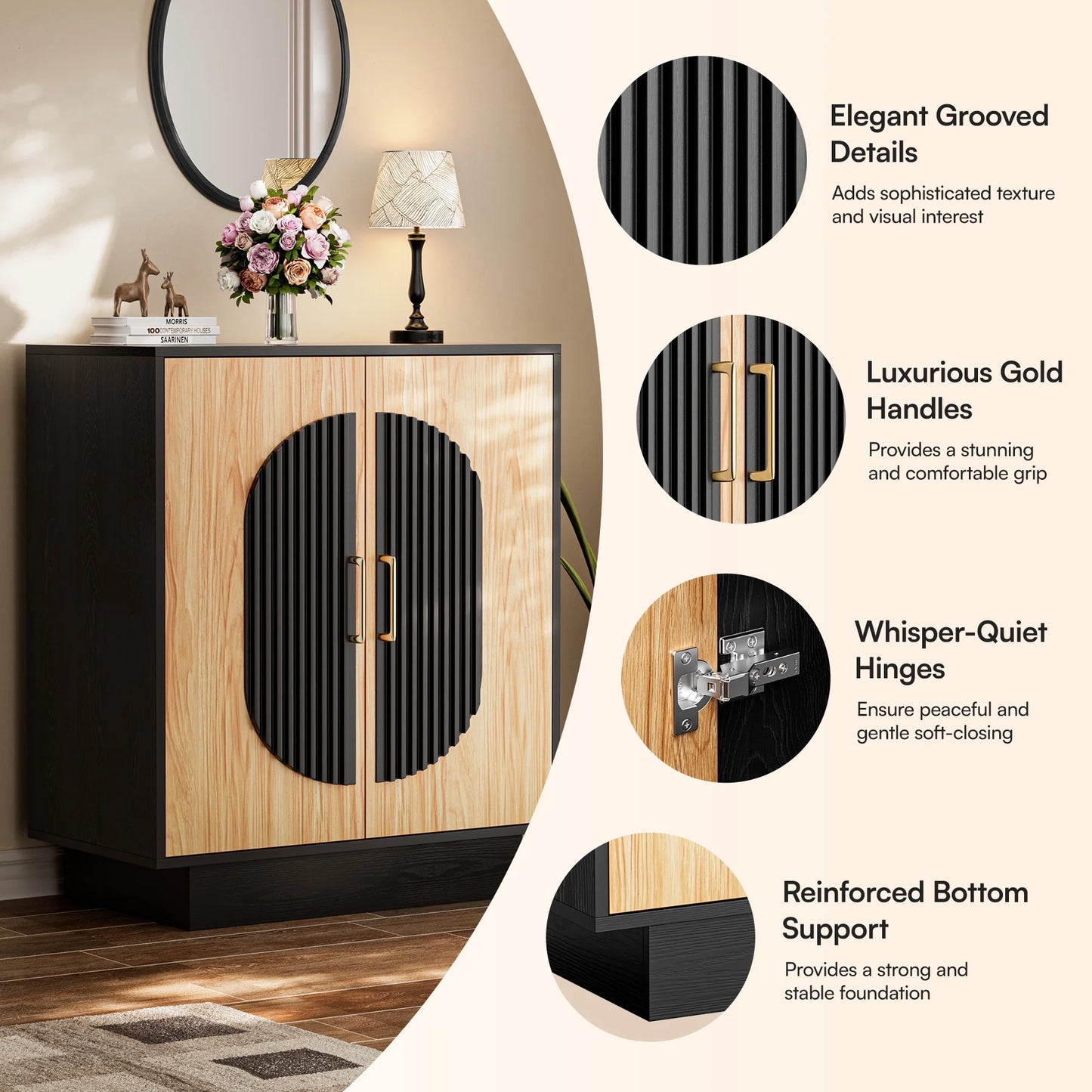 Fluted Buffet Cabinet with Storage, 58" Mid Century Modern Accent Sideboard with Adjustable Shelves, Large Credenza Storage Cabinet Console Table for Dining Room Kitchen Living Room