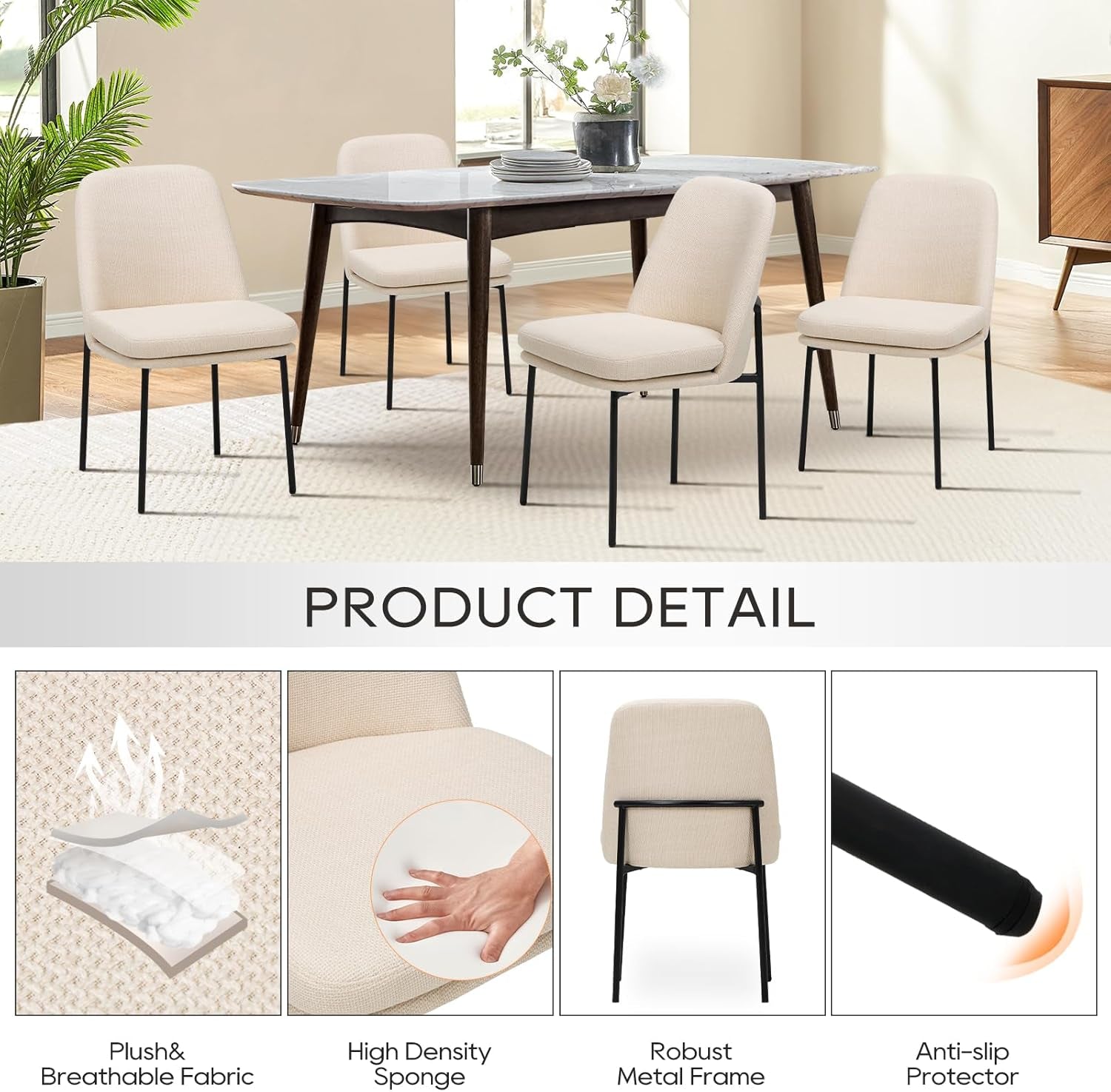 Dining Chairs Set of 4, Modern Dining Chairs, Fabric Upholstered Dining Chairs, Kitchen Chairs with Curved Back and Metal Legs for Dining Room Kitchen Restaurant, Beige