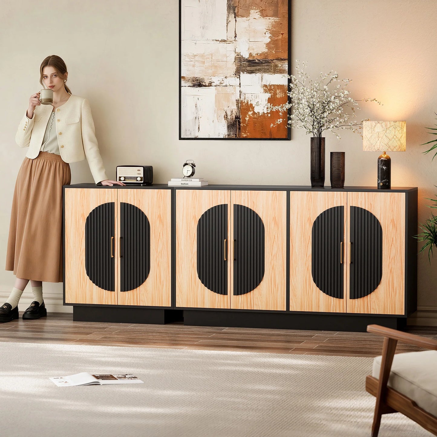 Fluted Buffet Cabinet with Storage, 58" Mid Century Modern Accent Sideboard with Adjustable Shelves, Large Credenza Storage Cabinet Console Table for Dining Room Kitchen Living Room