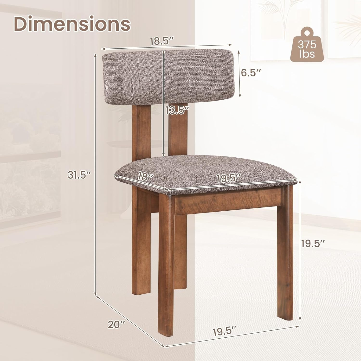 Dining Chairs Set of 2, Upholstered Kitchen Chairs with Curved Backrest, Rubber Wood Dining Room Chairs, Modern Mid Century Accent Side Chairs for Living Room, Walnut & Grey