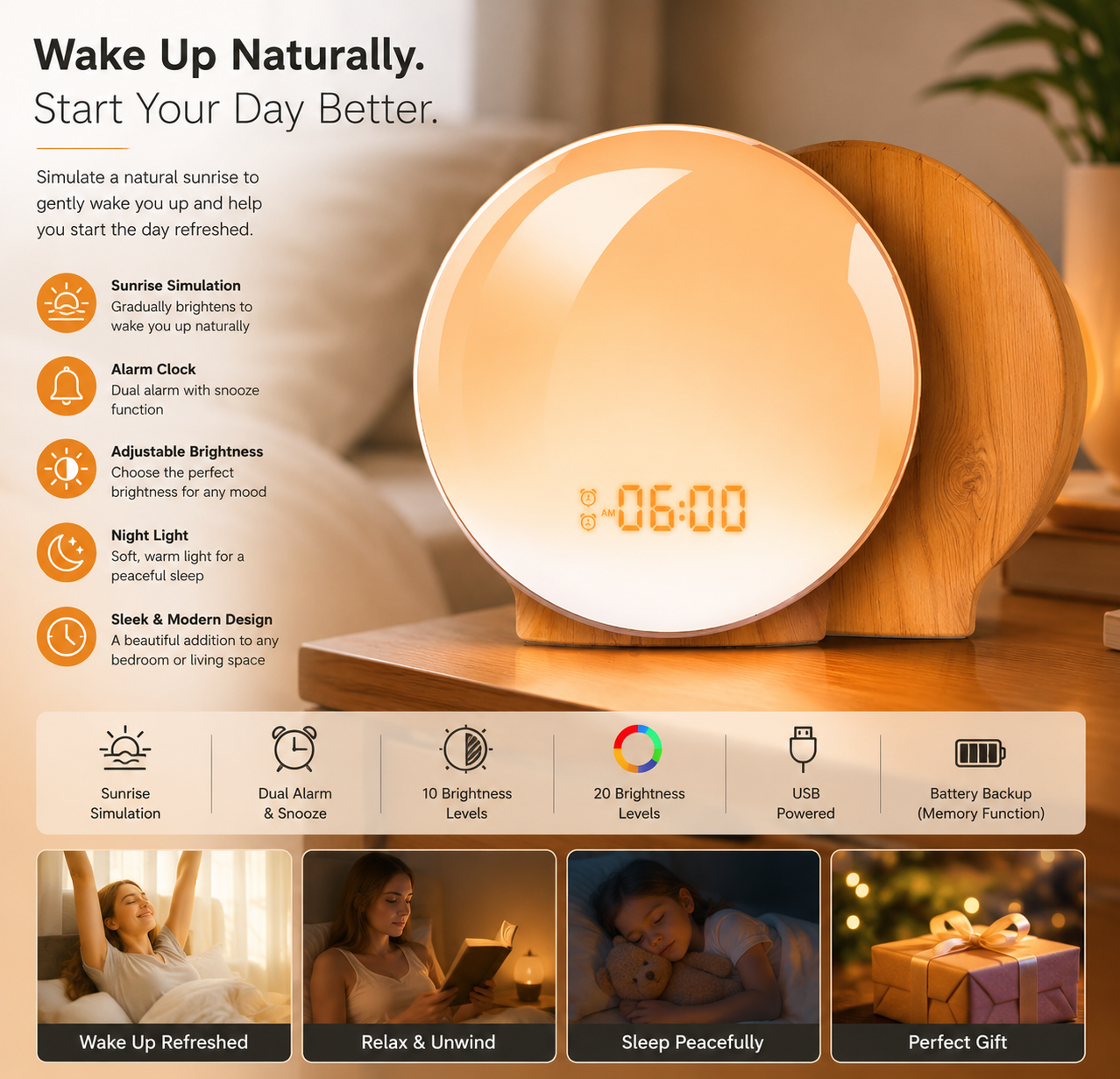 Digital Snooze Function Alarm Clock New Wake up Light Clock Sunrise Sunset Light FM Function Alarm Clock for Daily Life