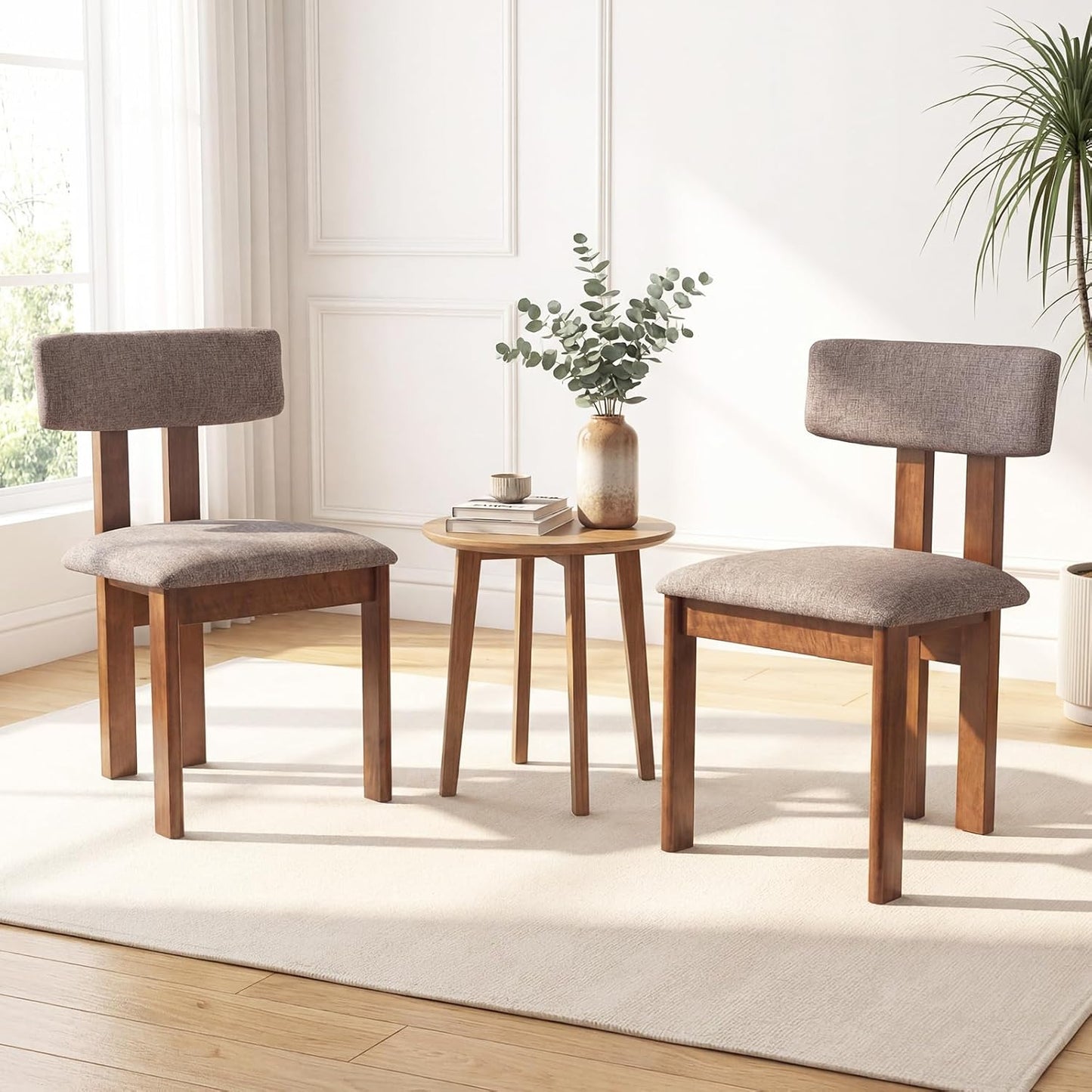 Dining Chairs Set of 2, Upholstered Kitchen Chairs with Curved Backrest, Rubber Wood Dining Room Chairs, Modern Mid Century Accent Side Chairs for Living Room, Walnut & Grey