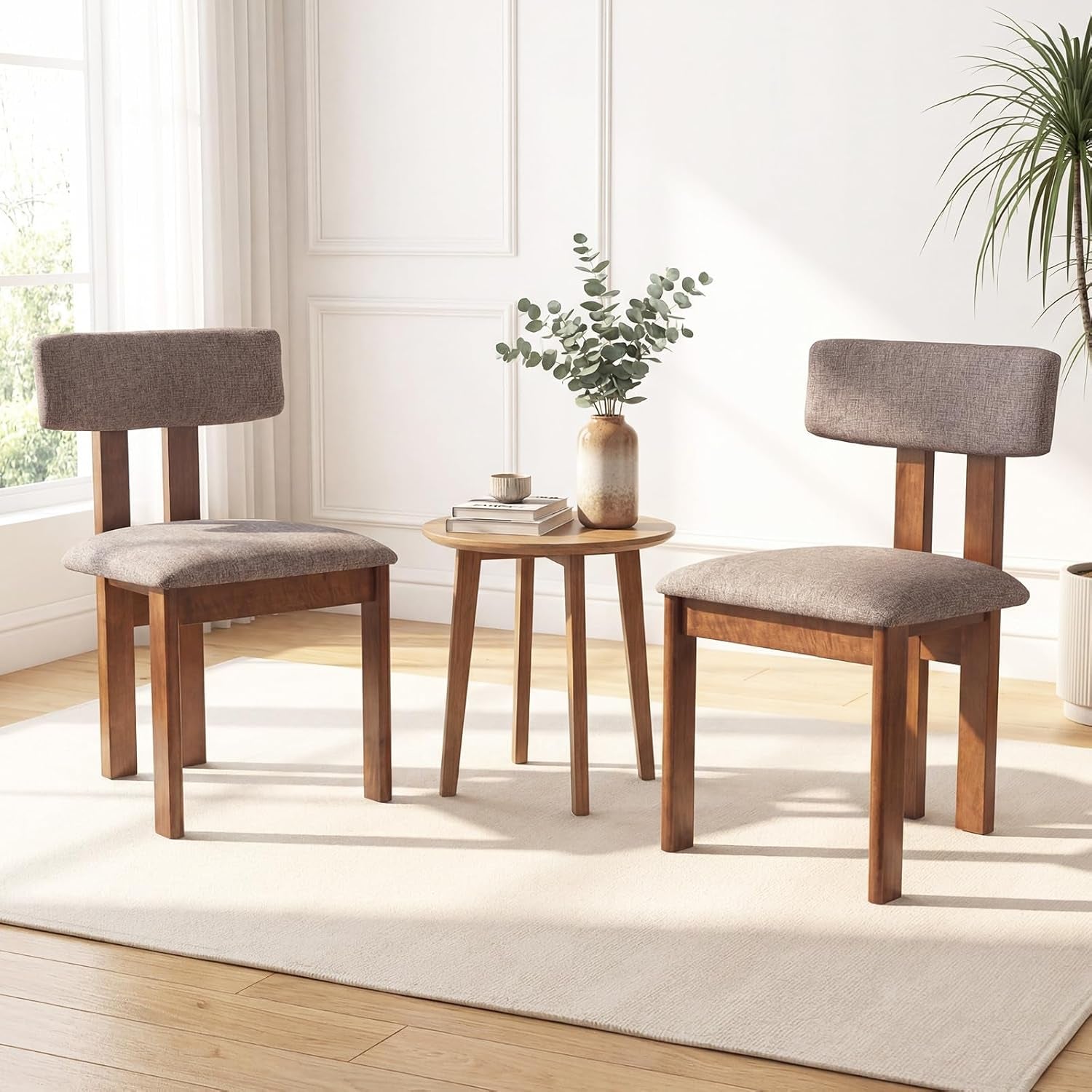 Dining Chairs Set of 2, Upholstered Kitchen Chairs with Curved Backrest, Rubber Wood Dining Room Chairs, Modern Mid Century Accent Side Chairs for Living Room, Walnut & Grey