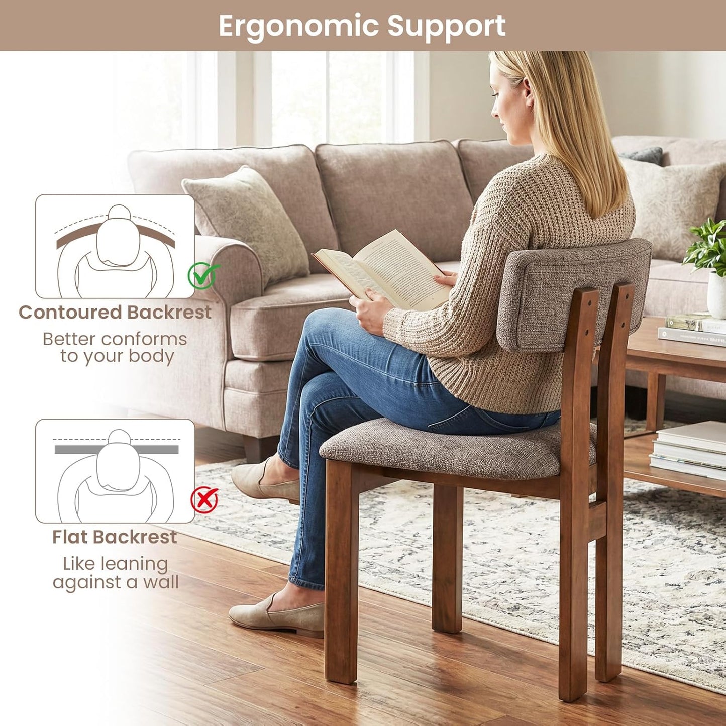 Dining Chairs Set of 2, Upholstered Kitchen Chairs with Curved Backrest, Rubber Wood Dining Room Chairs, Modern Mid Century Accent Side Chairs for Living Room, Walnut & Grey