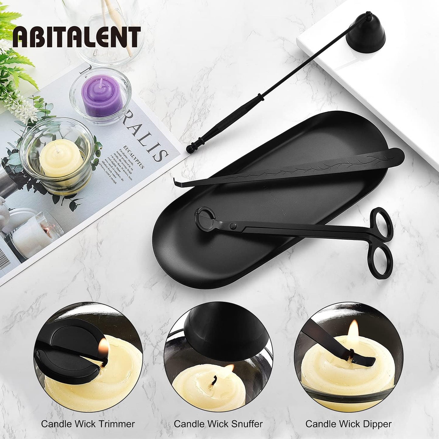 Candle Accessory Set, 4 in 1 Black Bell Candle Wick Trimmer