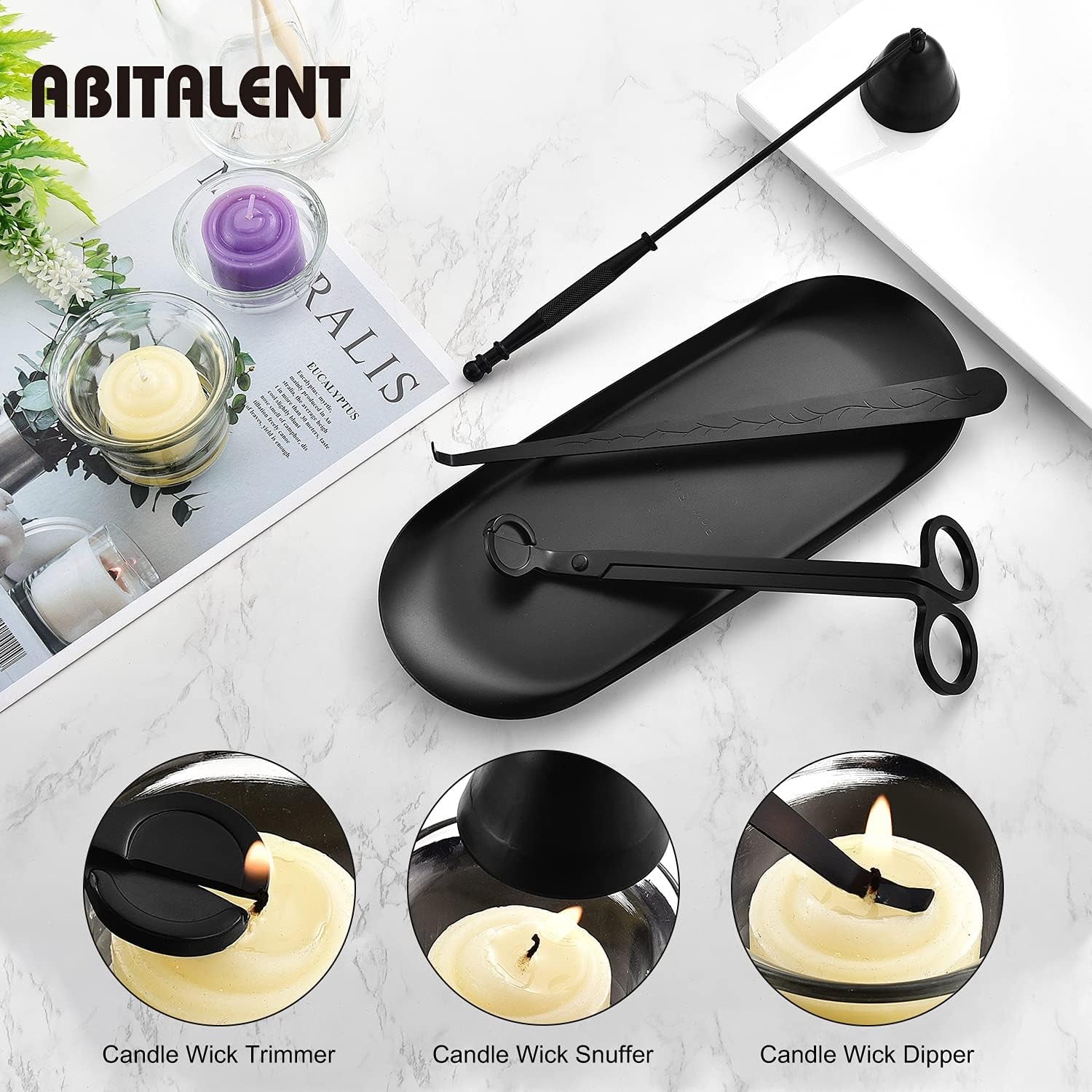 Candle Accessory Set, 4 in 1 Black Bell Candle Wick Trimmer