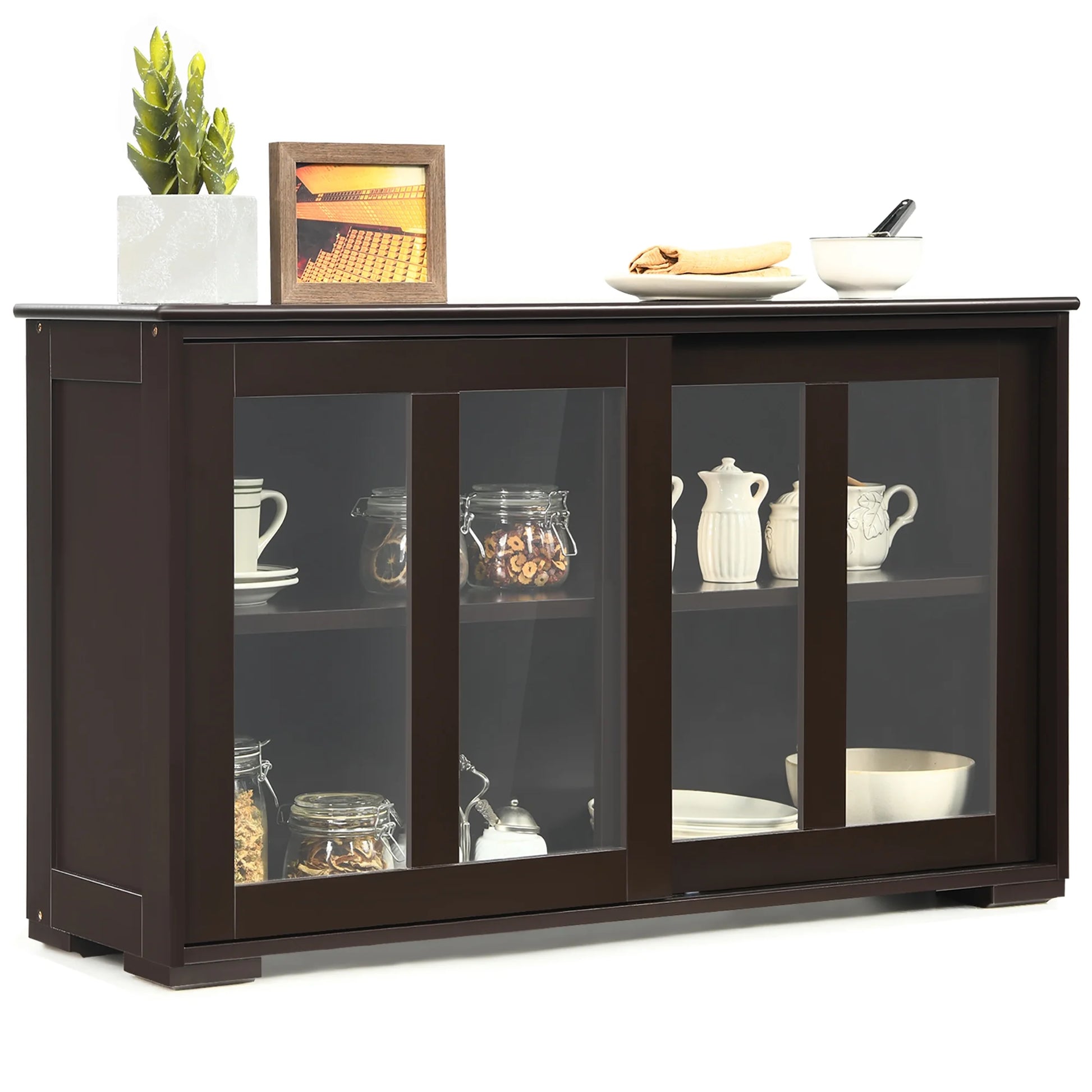 Kitchen Storage Cabinet Sideboard Buffet Cupboard W/ Sliding Door Brown