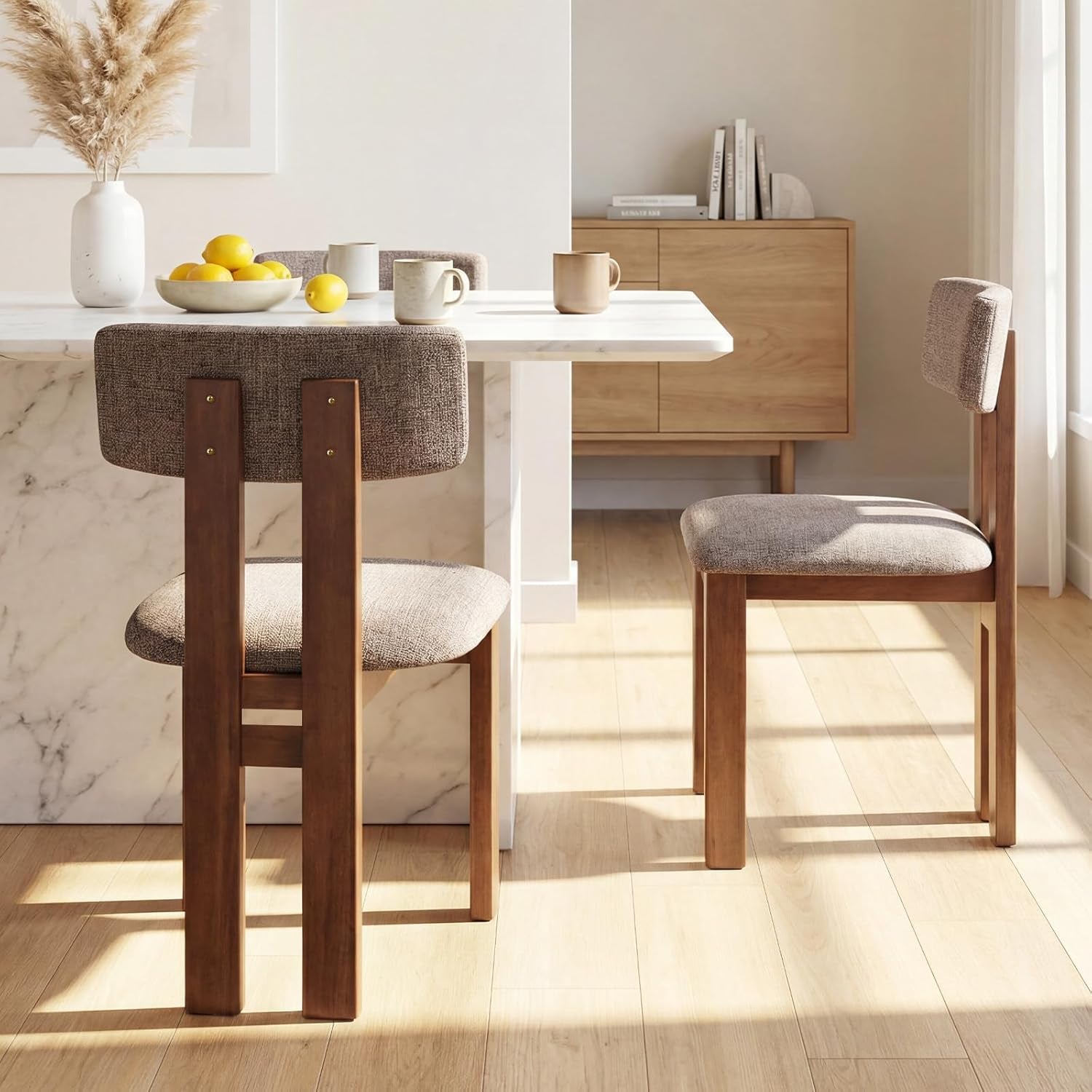 Dining Chairs Set of 2, Upholstered Kitchen Chairs with Curved Backrest, Rubber Wood Dining Room Chairs, Modern Mid Century Accent Side Chairs for Living Room, Walnut & Grey