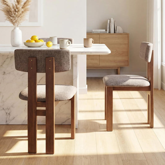 Dining Chairs Set of 2, Upholstered Kitchen Chairs with Curved Backrest, Rubber Wood Dining Room Chairs, Modern Mid Century Accent Side Chairs for Living Room, Walnut & Grey