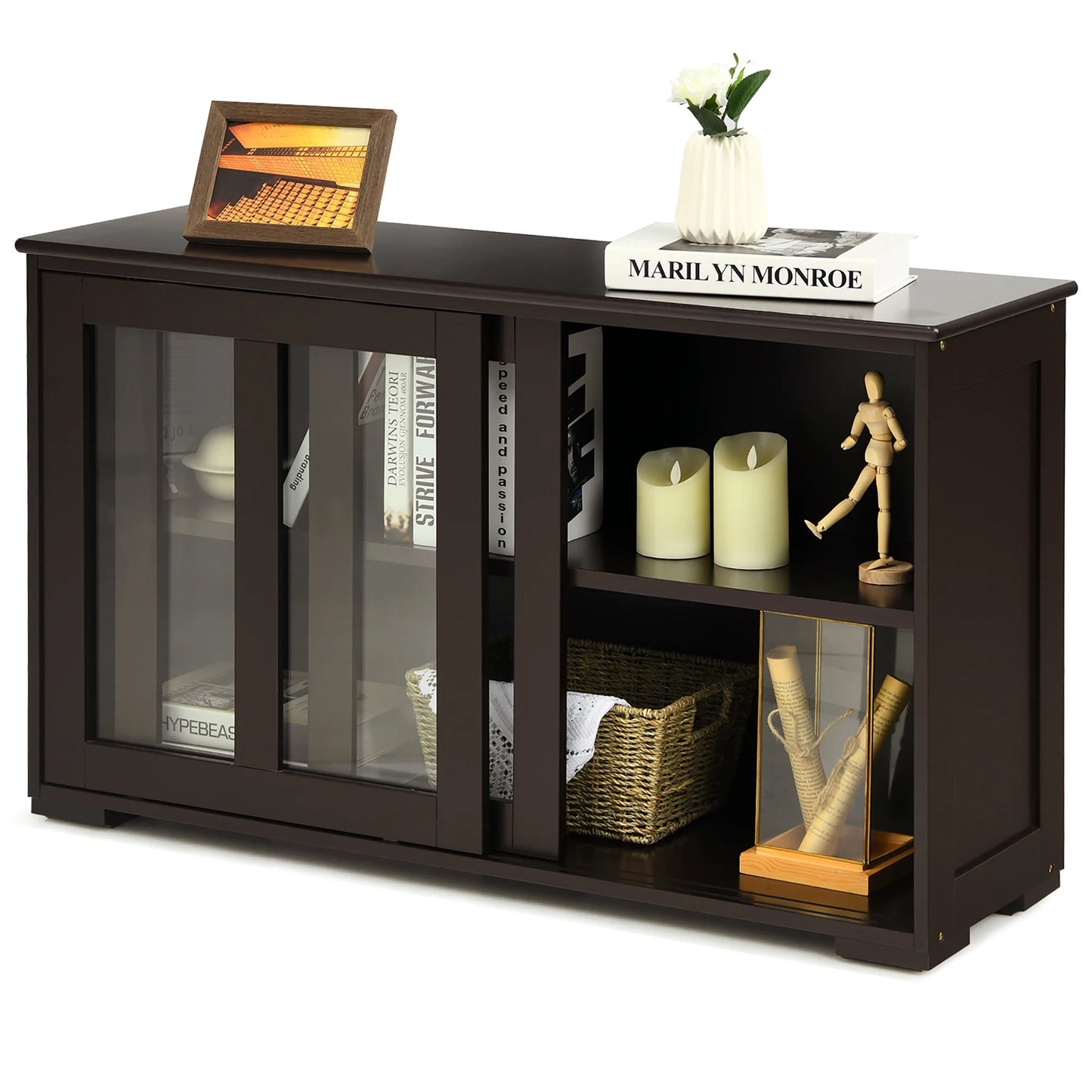 Kitchen Storage Cabinet Sideboard Buffet Cupboard W/ Sliding Door Brown