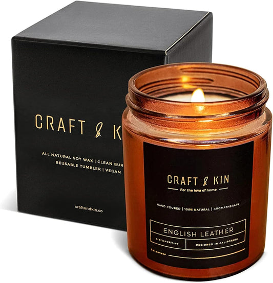 Premium English Leather Scented Candle – Long Lasting, 45 Hour Burn Time – Luxury Natural Soy Scented Candle – Room Decor and Aromatherapy – 8 Oz