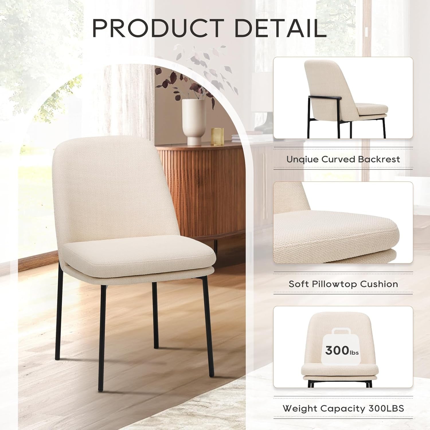 Dining Chairs Set of 4, Modern Dining Chairs, Fabric Upholstered Dining Chairs, Kitchen Chairs with Curved Back and Metal Legs for Dining Room Kitchen Restaurant, Beige