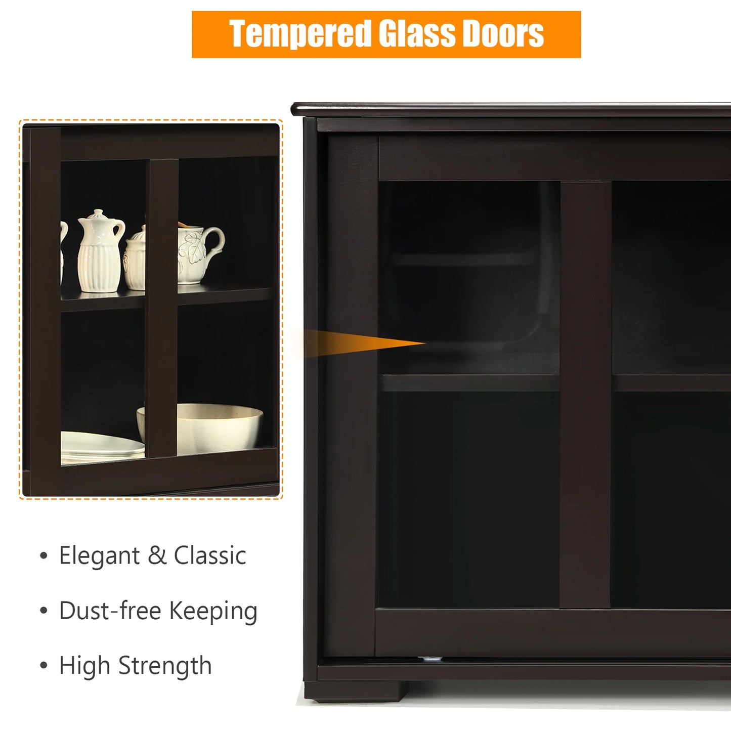 Kitchen Storage Cabinet Sideboard Buffet Cupboard W/ Sliding Door Brown