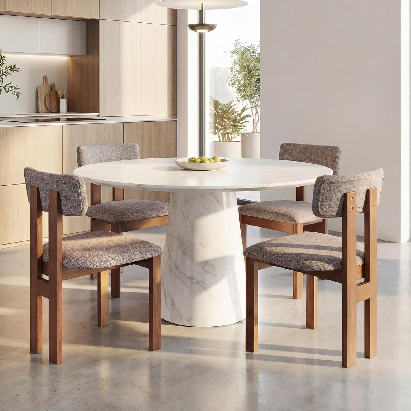 Dining Chairs Set of 2, Upholstered Kitchen Chairs with Curved Backrest, Rubber Wood Dining Room Chairs, Modern Mid Century Accent Side Chairs for Living Room, Walnut & Grey