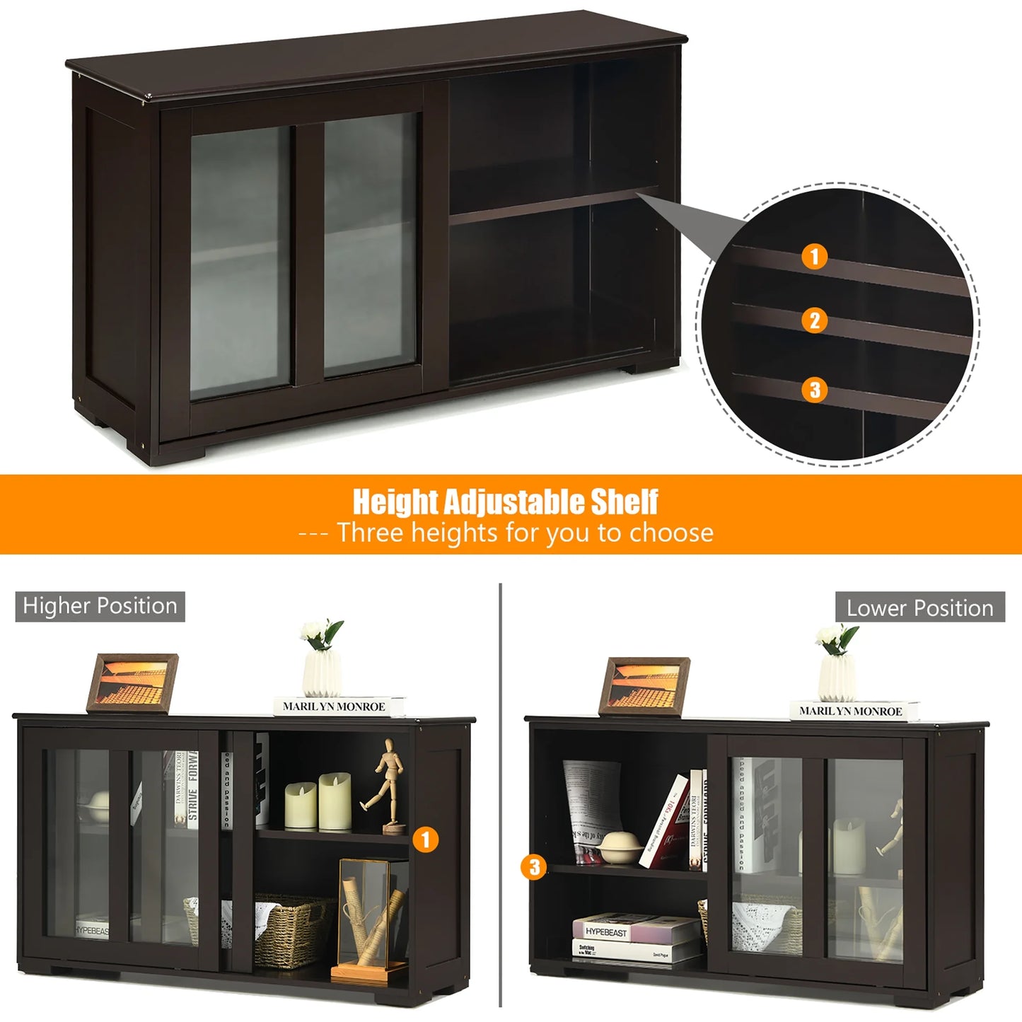 Kitchen Storage Cabinet Sideboard Buffet Cupboard W/ Sliding Door Brown