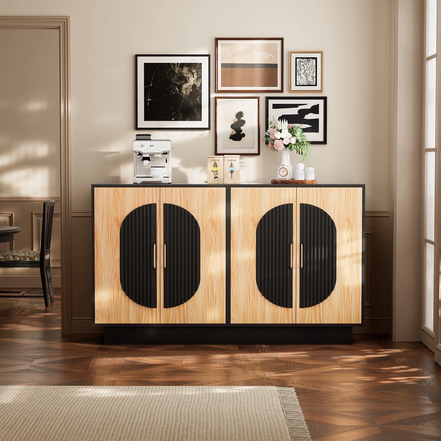 Fluted Buffet Cabinet with Storage, 58" Mid Century Modern Accent Sideboard with Adjustable Shelves, Large Credenza Storage Cabinet Console Table for Dining Room Kitchen Living Room