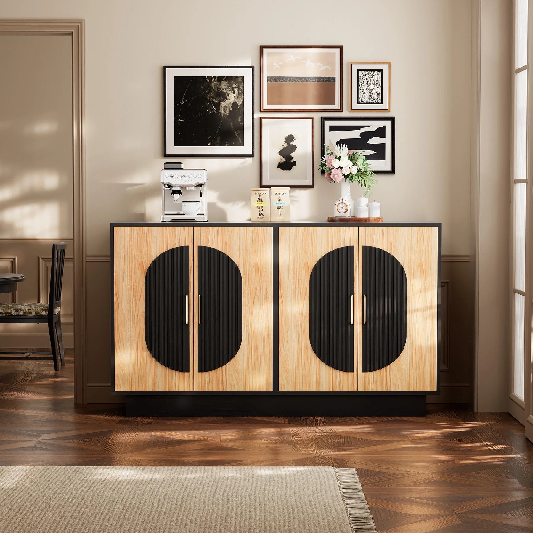 Fluted Buffet Cabinet with Storage, 58" Mid Century Modern Accent Sideboard with Adjustable Shelves, Large Credenza Storage Cabinet Console Table for Dining Room Kitchen Living Room