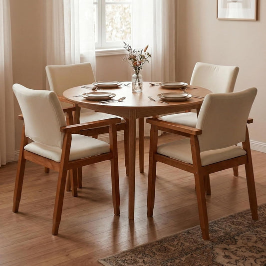 Set of 4 Walnut Dining Chairs, Wood Arm and Legs Chairs,Beige Color Living Room Chairs for Decor Furniture