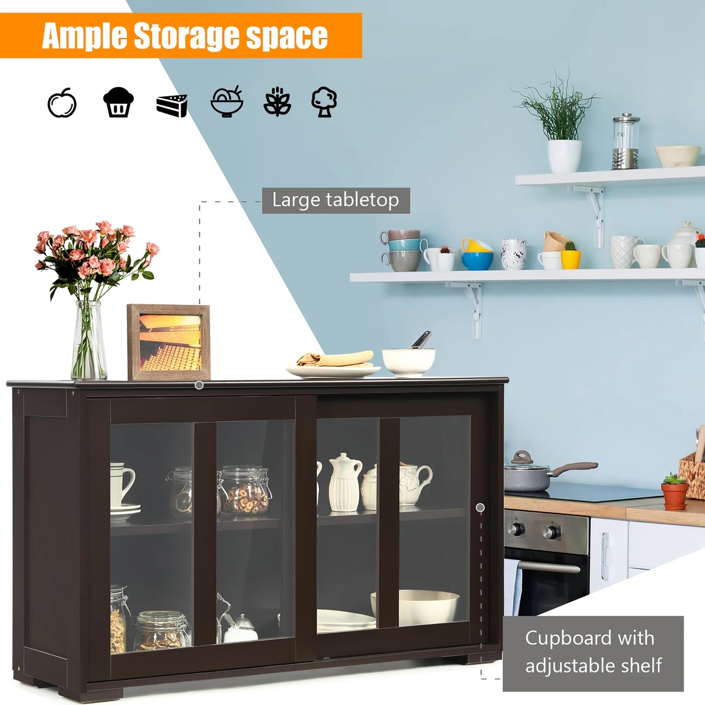 Kitchen Storage Cabinet Sideboard Buffet Cupboard W/ Sliding Door Brown
